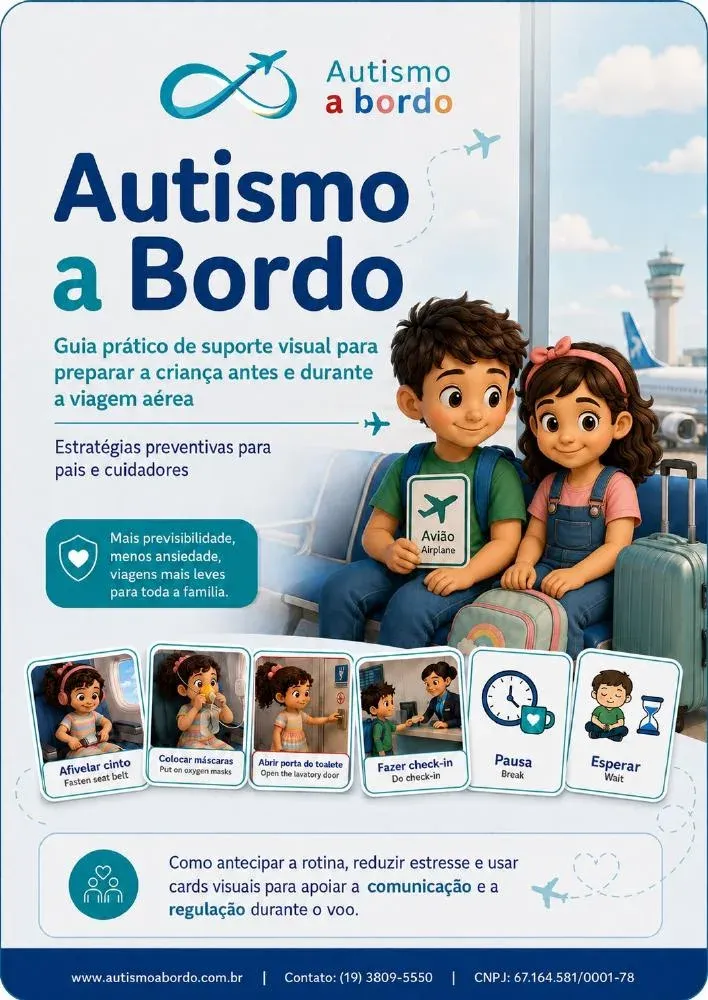 Capa do guia Autismo a Bordo: crianças no aeroporto com cards visuais