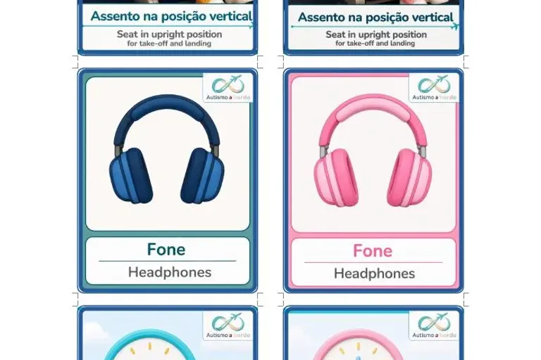 Exemplos dos cards bilíngues: posição do assento, fone e pausa